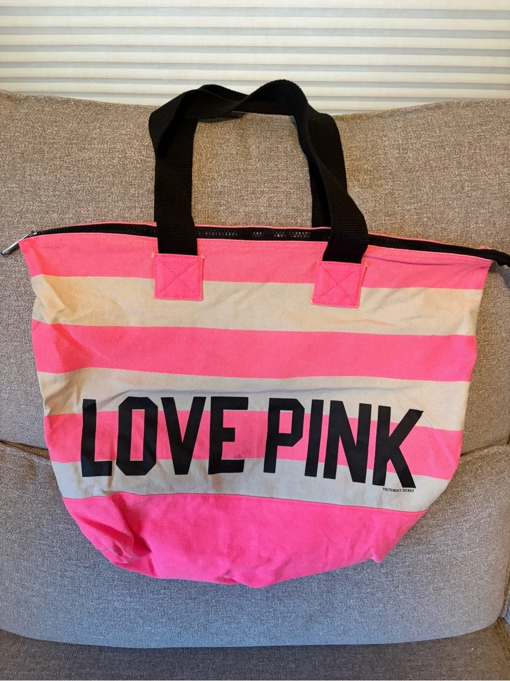 PINK Victoria's Secret LOVE PINK Striped Tote - Hot Pink, Cream & Black